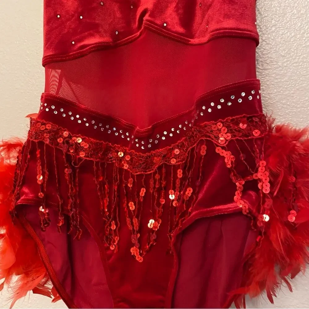 WEISSMAN solo Dance Costume red Crystal feather Leotard stoned velvet 15752 MA